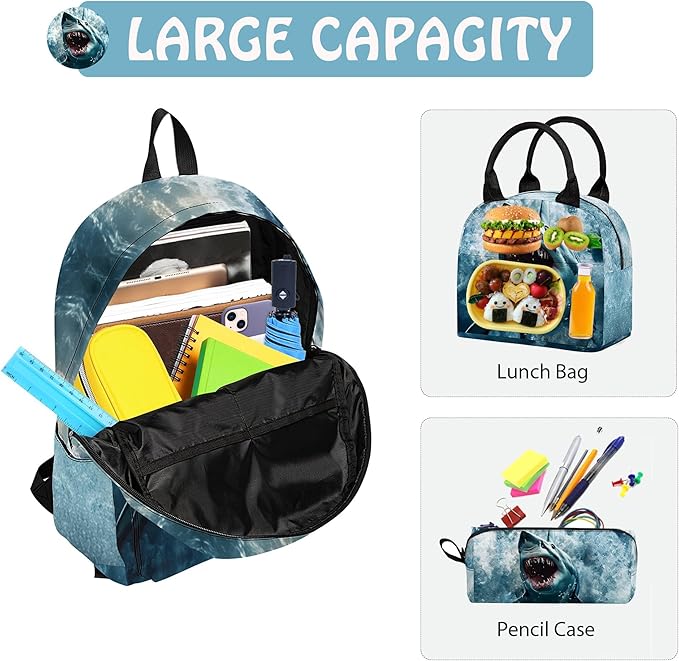 Shark 3PCS Backpack Set for Teens Elementary Middle High School, 17 Inch Lightweight Classic Bookpack 3 in 1 Set for Girls Boys, Kids Back to School Backpack with Lunch Box Pencil Case