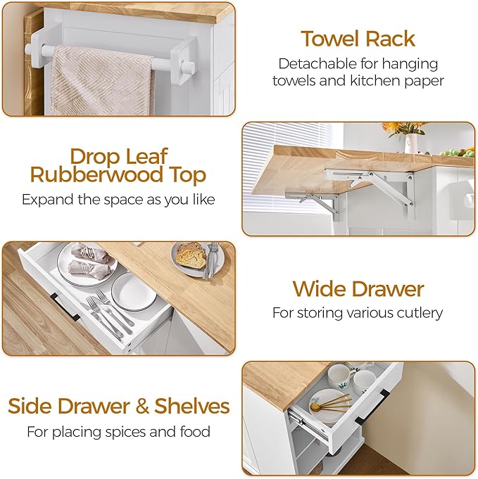 Yaheetech Rolling Kitchen Island Cart with Drop Leaf, Portable Rubberwood Breakfast Bar with Storage Cabinet, Open Shelves & Detachable Towel, 2 Drawers, White