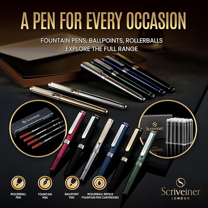 Scriveiner Silver Chrome Fountain Pen - Stunning Luxury Pen, Real Gold Finish, Schmidt Gilded Nib (Fine), Best Gift Set for Men & Women Professional Executive Office Fancy Nice Designer Pen