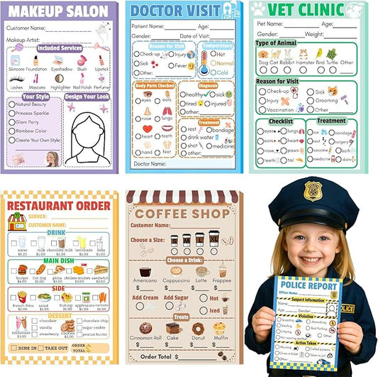 PINKEESEA 6 Pack Kids Pretend Play Notepads 4x6 Inch Playtime Pads for Kids 40 Pages Imaginative Role for Toddlers (Role Play)