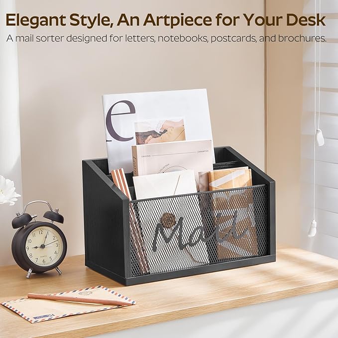 Mail Organizer Countertop, Mail Holder with 3 Slots, Mail Sorter for Desk, Wooden Office Desk Organizer, Mail Organizer for Magazines, Files, Papers, Folders, Black MR03BB