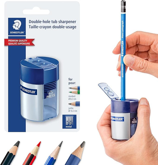 STAEDTLER Pencil Sharpener with 2 Holes - Dual Size Manual Sharpener for Standard, Colored & Makeup Pencils - Compact Design