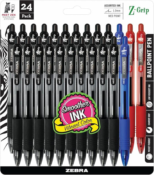Zebra Pen Z-Grip Retractable Ballpoint Pen, Medium Point, 1.0 mm, 20 Black, 2 Blue, & 2 Red - Pack of 24