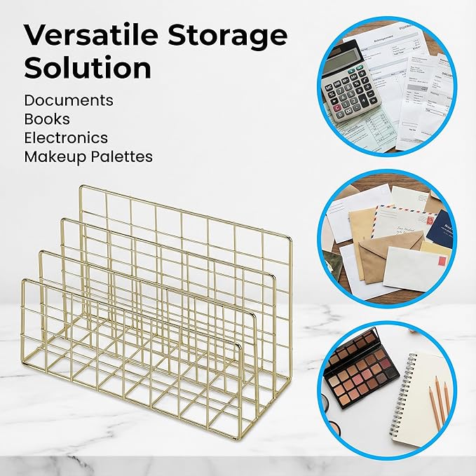 Simmer Stone Letter SorterOrganizer for Desk, Premium Plated Metal Mail Holder, 3-Slot Ultra-Stable Non-Wobbling Desktop Organizer for Envelopes, Documents, Palettes, 9.5 x 4.7 x 6 Inche, Gold
