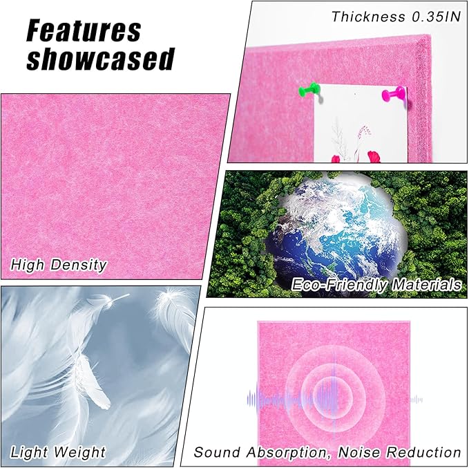 Large Cork Board 36" x 24", 6 Pack Felt Bulletin Board with 30 Pushpins, Cork Boards Alternative with Self-Adhesive Strips, Felt Wall Tiles Pin Boards for Walls Office Home School Decor-Hot Pink
