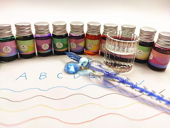 Glass Dip Calligraphy Pen Set, 14-Pieces 12 Color Inks, Pen Holder, Cleaning Cup, 1Crystal Glass Pens for Art, Writing, Drawing, Signatures, Gift for Kids and Artist