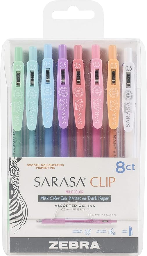 Zebra Pen Sarasa Clip Retractable Gel Pen, 0.5mm Fine Point, Assorted Milk Colors, Ideal for Office and School, Journal, Note Taking and Planner Use, 8-Pack (48908)