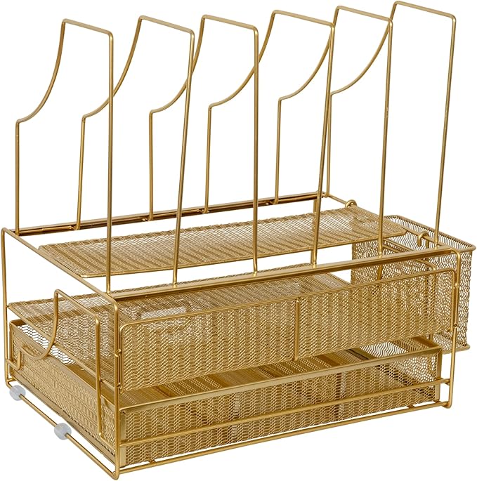 Martha Stewart Ryder Gold Mesh Metal Large Desktop Organizer With Paper File Letter Holder Organizer and Drawer