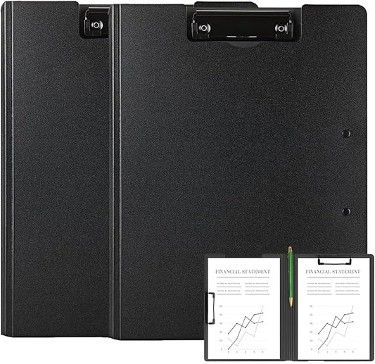 2 Pack Foldable Clipboards, A4 Office Clipboard Folder with Double Metal Clips, 360 Degree Foldable Binder Clipboard with Pen Holder, File Cover Work Folder Clipboards, Black