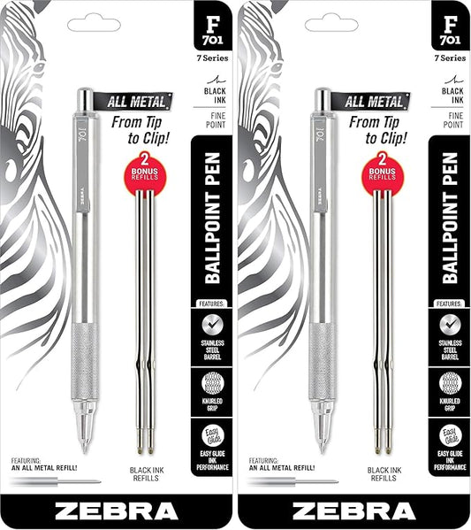 Zebra Pen F-701 Retractable Ballpoint Pen, 0.8mm Fine Point, Stainless Steel Barrel, Black Metal Pen with 2 Ink Refills (Pack of 2)
