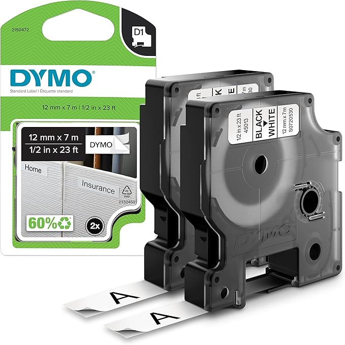 DYMO D1 Labels for LabelManager Label Makers, Black Print on White, 1/2-Inch x 23-Foot Rolls, Self-Adhesive, 2 Count