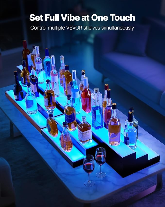 VEVOR LED Lighted Liquor Bottle Display, 3 Tiers 20 Inches Whiskey Rack, Supports USB, Illuminated Home Bar Shelf with RF Remote & App Control, 9 Static Colors, Acrylic Lighted Shelf for 15 Bottles