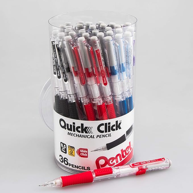 Pentel Quick Click Mechanical Pencil, (0.5mm) Fine Line, Canister, Assorted Colors (A/B/C/N/V), 36-PK (PD215PC36M)