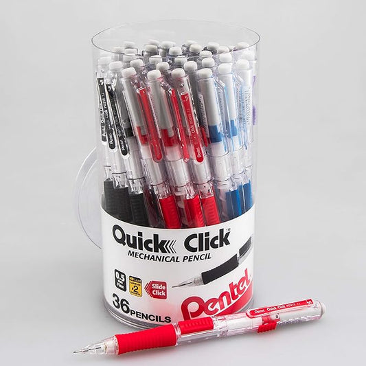 Pentel Quick Click Mechanical Pencil, (0.5mm) Fine Line, Canister, Assorted Colors (A/B/C/N/V), 36-PK (PD215PC36M)