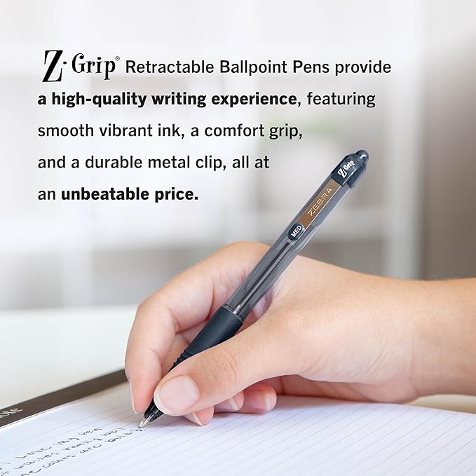 Zebra Pen Z-Grip Retractable Ballpoint Pen, Smooth-Flowing Black Ink, 1.0mm Medium Point, School & Office Supplies, Ideal for Note-Taking, Journal and Planner Use, 5-Pack (22215)