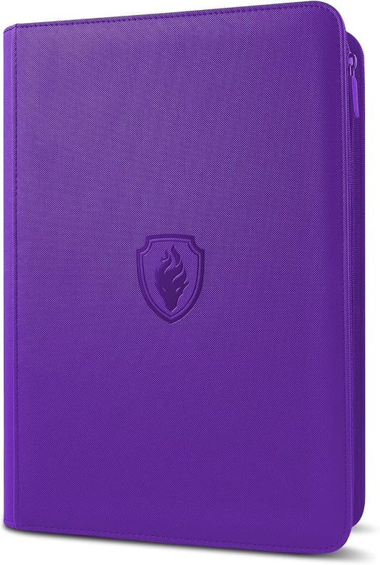 Premium Zip Card Binder, Fabmaker 9 Pocket Trading Card Binder, PU Cover Zipper Card Collection Album, Sturdy 360 Side-Loading Card Folder Holder for Game & Sports Cards, Purple