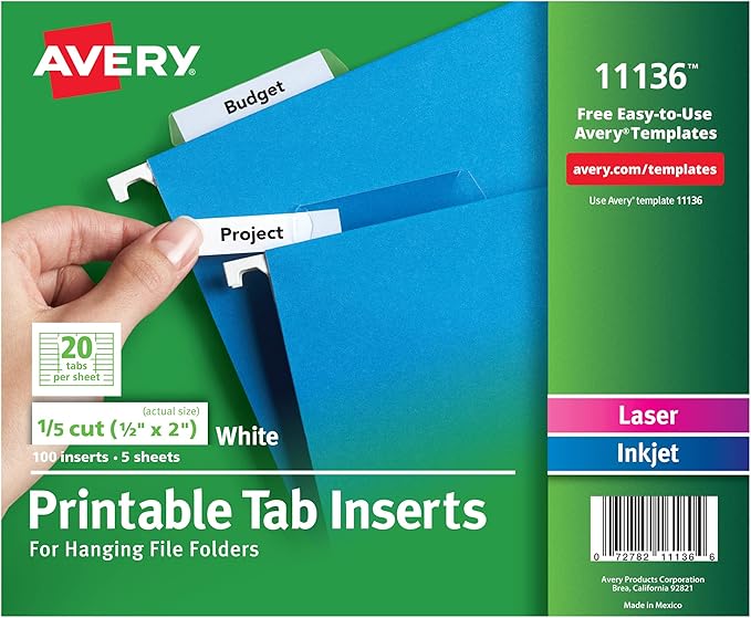 Avery Printable Tab Inserts for Hanging File Folders, 1/2" x 2", 1/5 Cut, White, 100 Index Tab Inserts (11136)