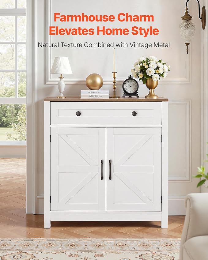 VEVOR Buffet Cabinet, Farmhouse Sideboard Cabinet with Drawer, Coffee Bar Cabinet with 2 Barn Door, Sideboard Buffet Station for Living Room, Entryway, Kitchen, 29.5 x 14.7 x 31.5 in, White