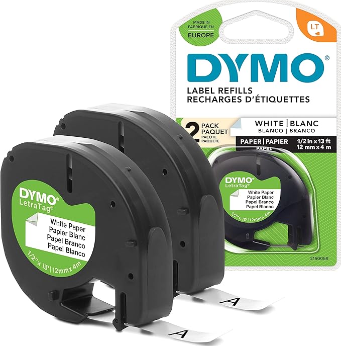 DYMO LetraTag Paper Labels, Authentic, 12 mm x 4 m Roll, Black Print on White, Self-Adhesive Multipurpose for LetraTag Label Makers, 2 Count