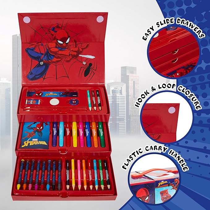 Marvel Spiderman Colored Pencils Art Supplies Kids Set Coloring Pens Stationery Girls Drawing Pencils Supplies Travel Case with Crayons Arts and Crafts for Kids 4-12 (Red)