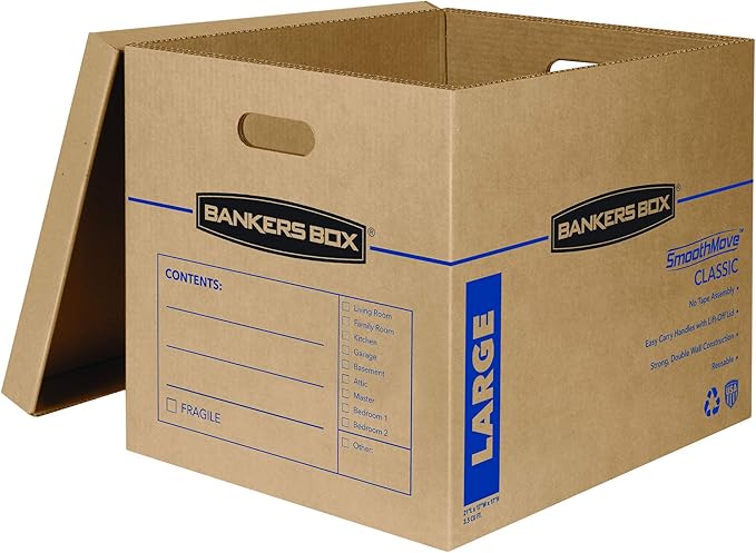 Bankers Box Classic Moving Box 10 Pack Kit, Reinforced Handles, Tape-Free Assembly, Box with Lid, 8 Small and 2 Medium Boxes (8816901)