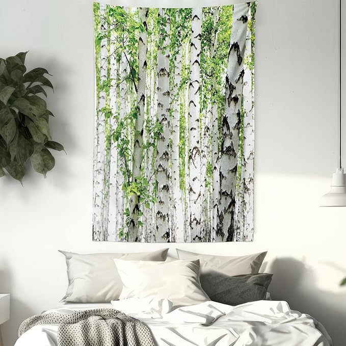 Ambesonne Woodland Tapestry Queen Size, Birch Trees in The Forest Summertime Wildlife Nature Outdoors Themed Picture, Wall Hanging Bedspread Bed Cover Wall Decor, Queen Size, White Green