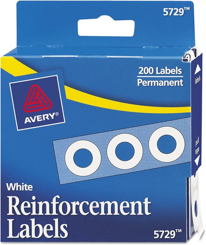 Avery 05729 Self-Adhesive Hole Reinforcement Labels, 1/4-Inch Round, White, 200/PK