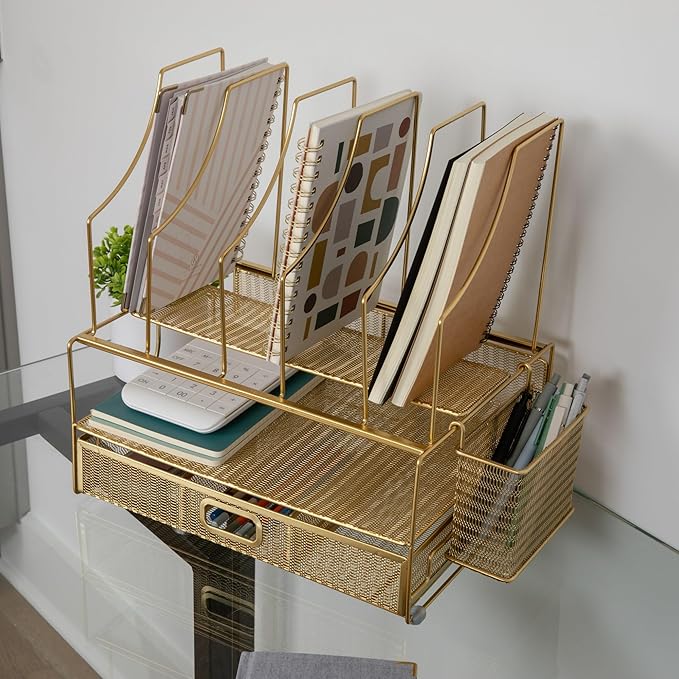 Martha Stewart Ryder Gold Mesh Metal Large Desktop Organizer With Paper File Letter Holder Organizer and Drawer