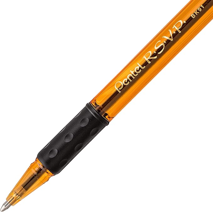 Pentel RSVP Razzle-Dazzle Ballpoint Pen, (1.0mm) Medium Line, Orange Barrel, Black Ink, Box of 12 (BK91RDF-A)