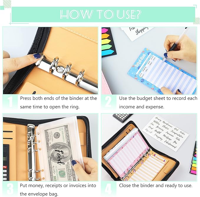 Budget Binder with Zipper Envelopes, Cash Envelopes for Budgeting, A6 PU Leather Budget Planner 2026 with Cash Envelopes Calculator, Bill Money Organizer for Cash Saving Budget System Wallet