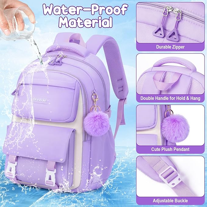 Fimibuke Backpacks for Girls, 3 PCS Waterproof School Backpack with Lunch Box & Pencil Pouch for Kids Teen Girl, Cute Bookbag School Bag for Elementary Middle High School Student Ages 6+(Khaki)