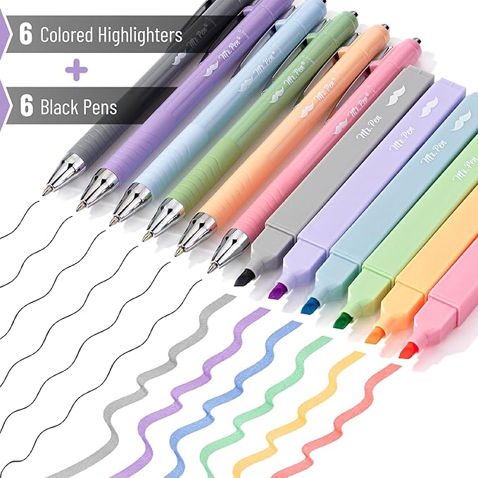 Mr. Pen- Aesthetic Highlighters and Pens No Bleed, 12 Pack, Assorted Colors Bible Highlighters No Bleed, Black Ink Bible Pens