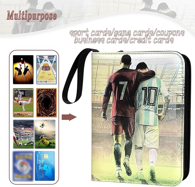 Soccer Card Binder - 400 Capacity 4-Pocket Trading Card Album, 3 Ring Card Holder Binder, Waterproof PU Leather, Zip Closure, Perfect Christmas Birthday Gift for Kids & Collectors