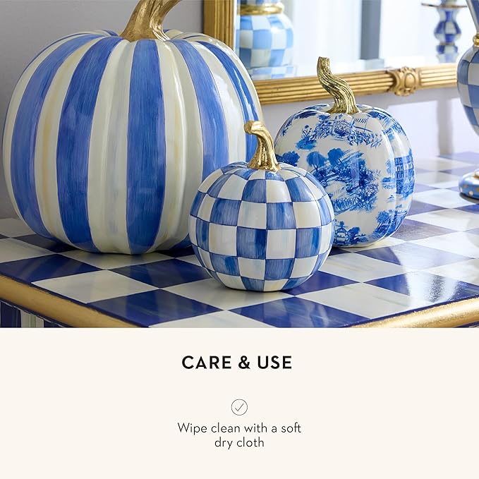MACKENZIE-CHILDS Mini Pumpkin, Resin Halloween Home Decor, Blue-and-White Royal Check