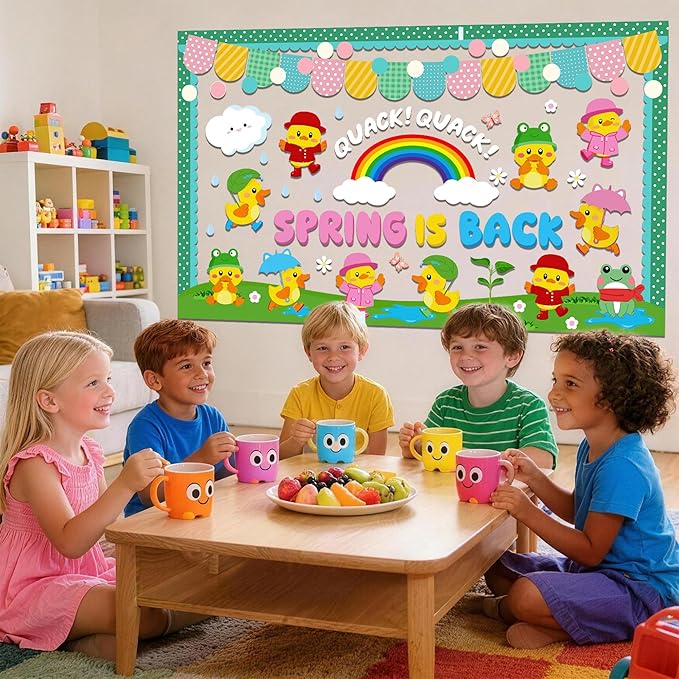 104Pcs Spring Bulletin Board Decorations, Spring Duck Bulletin Board Decorations Set, Spring Rainy Rainbow Cloud Spring Decorations for Office Classroom Home, Spring is Back Bulletin Board Decorations