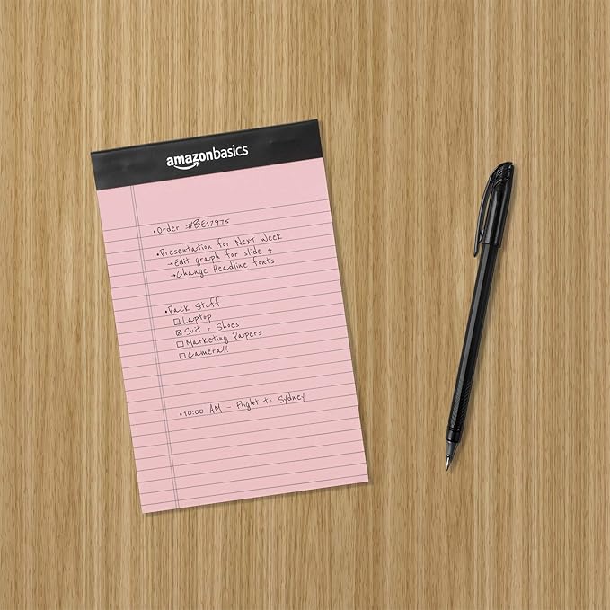 Amazon Basics Narrow Ruled Writing Pads, Perforated, 5" x 8", Multicolor, 6-Pack of 50 Sheets