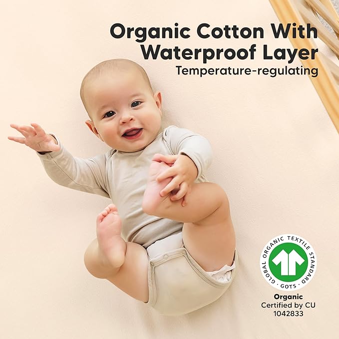 2-Pack Waterproof Crib Sheets for Boys, Girls - 52x28 Fitted Organic Cotton Baby Crib Sheets, Toddler Mattress Protector Cover, Washable, Soft & Durable Baby Bedding Essentials (Cameo)