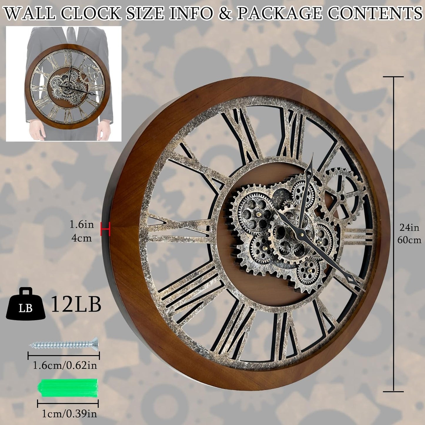 HOIBAI Large Wall Clock, Wall Clocks for Living Room Decor 36 Inch Farmhouse Vintage Rustic Kitchen Wall Decor Vintage Roman Oversized Wall Clock for Home Bedroom House Office, Moving Gears Clock