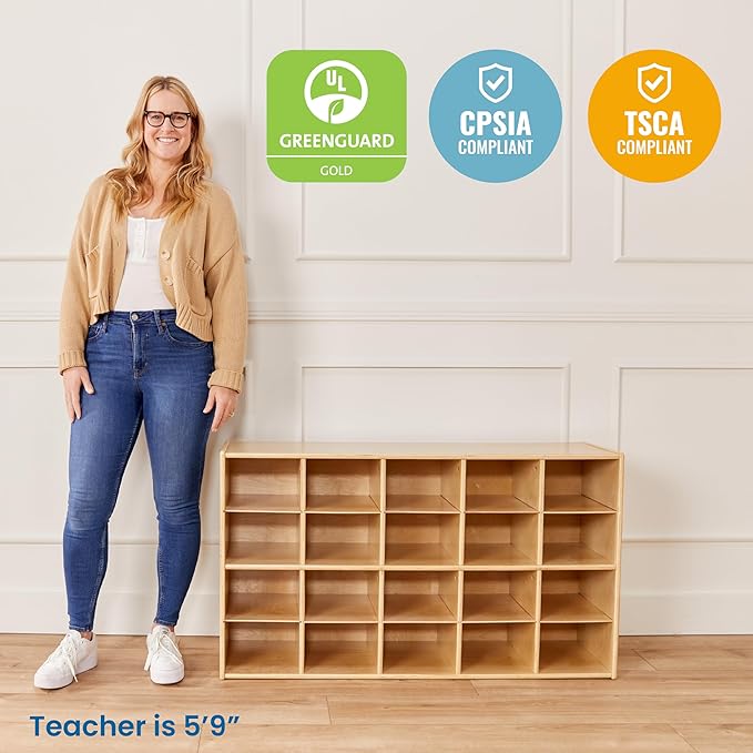 ECR4Kids Streamline 20 Cubby Tray Storage Cabinet, 4x5, Classroom Furniture, Natural
