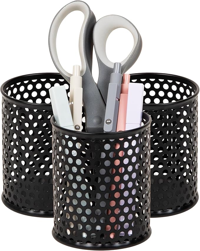 Mind Reader Metal Pen Cups, Mesh Pencil Holders, Desktop Organizer Set, Metal, Set of 3, Black