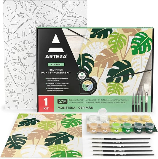 ARTEZA Paint by Numbers Kit, 12x16 Inches, 21 Pieces, Monstera Canvas Painting Kit, Canvas Panel, 12 Acrylic Paint Pots, 5 Paintbrushes, Art Supplies for a Meditative and Calming