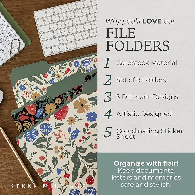 Steel Mill & Co Cute File Folders, Set of 9, Document Organizer for Filing Cabinet, Decorative Letter Size Files, Wanderlust