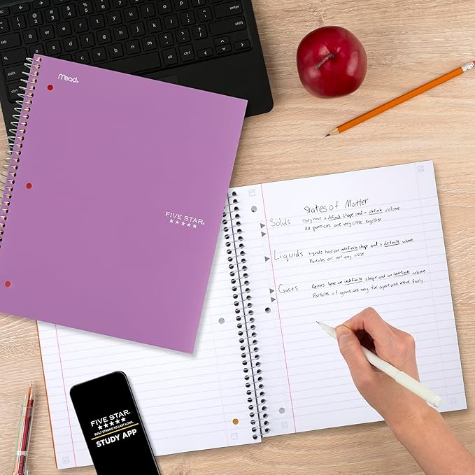 Five Star Spiral Notebook + Study App, 3 Subject, Wide Ruled Paper, 8" x 10-1/2", 150 Sheets, Fights Ink Bleed, Water Resistant Cover, Amethyst Purple (38737)