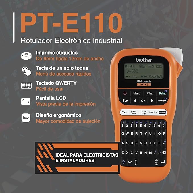 Brother PTE110 Entry Level Industrial Handheld Labeling Tool Kit - Up to 12mm Labels, Orange