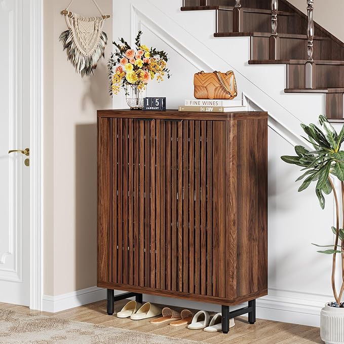 Tribesigns 6-Tier Shoe Cabinet with Shutter Doors, Large Wooden Shoe Organizer Rack with Adjustable Shelves, Modern Farmhouse Hidden Storage Furniture for Entryway, Hallway (Walnut)