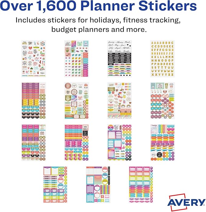 Avery Planner Stickers Variety Pack, 30 Sheets, 1,656 Productivity Stickers for Your Planner, Journal or Calendar (6785)