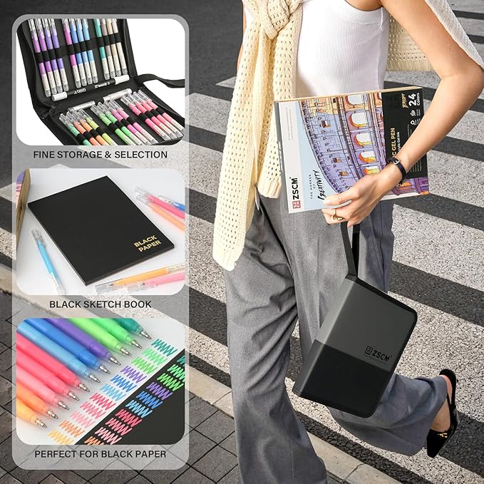 24 Colors 3D Acrylic Gel Pens & Black Paper Sketchbook for Drawing, 1mm Fine Point Acrylic Ink Pen, Opaque Archival Bright Ink Pens for Black Paper Drawing, Sketching, Illustration, Card Making