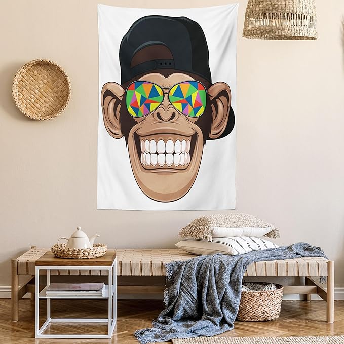 Ambesonne Cartoon Tapestry Queen Size, Fun Hipster Monkey with Colorful Sunglasses and Hat Rapper Hippie Ape Art, Wall Hanging Bedspread Bed Cover Wall Decor, 88" X 88", White Brown