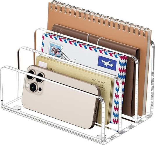 Desk Mail Organizer, 3 Section Clear Acrylic File Holder Letter Organizer, Vertical Lightweight Modern Envelope Holder Desk Accessories & Workspace Organizers for Office, Home, School