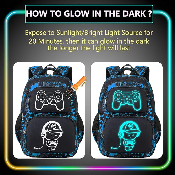 Boys Backpack with Lunch Box Glow in Dark Gamer Bookbag Kids Ages 4-12 Kindergarten Elementary Middle School Gaming Backpack, Luminous Game Boy Black Blue